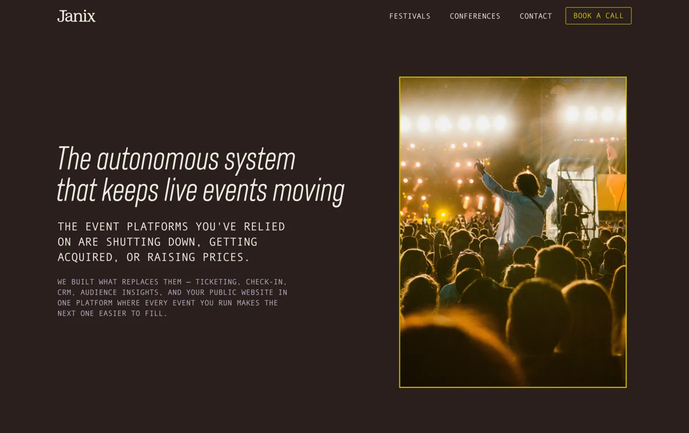 A branded Janix festival website with the organizer's own logo, schedule, and ticketing